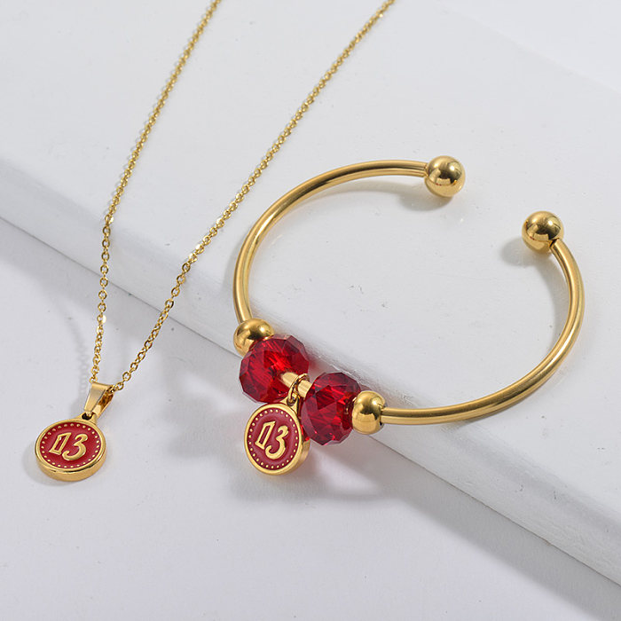 Conjunto de joyería de brazalete de collar de encanto de número de la suerte chapado en oro de marca famosa de acero inoxidable