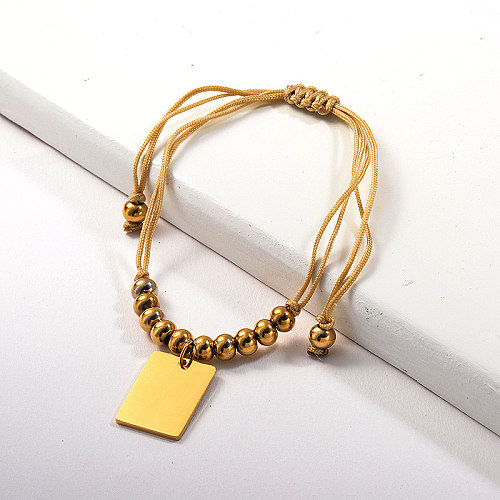 Personalized Rectangle Pendant Gold Plated Beaded Bracelet Hand-Made