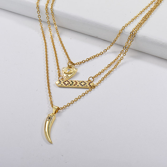 Gold Copper Charm With Zircon Layer Chain Necklace
