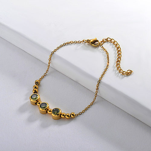 Gold stainless steel steel ball bracelet with green zircon pendant