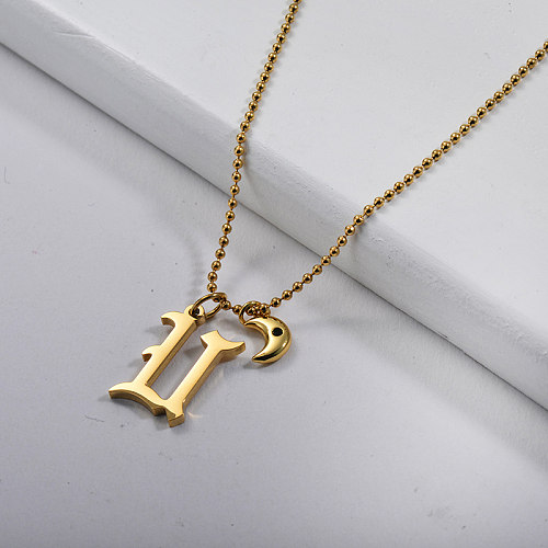 Trendy Gold Gothic Style Initial Letter U With Moon Charm Necklace
