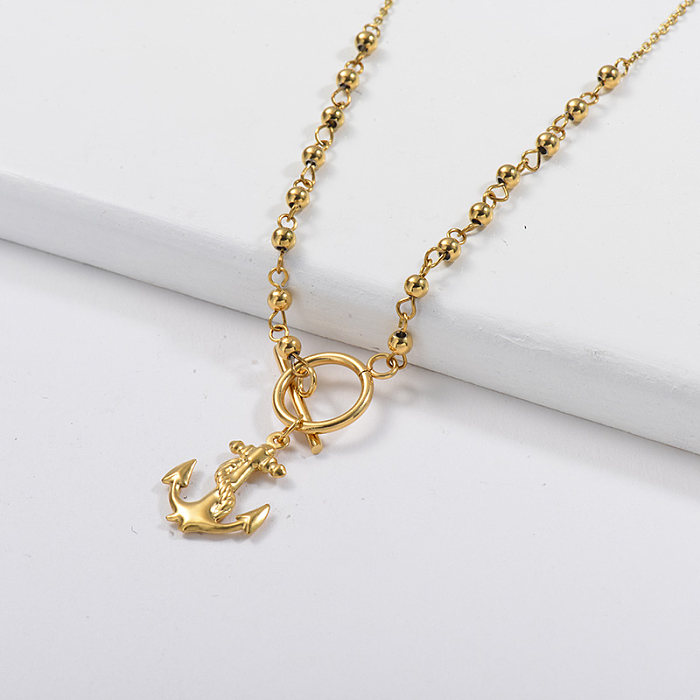 Gold Anchor Pendant OT Clasp Beaded Chain Necklace