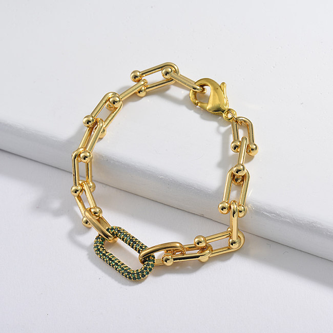 Popular U-shaped bracelet with zircon oval copper pendant