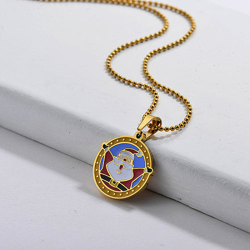 Stainless Steel Enamel Happy Santa Claus Pendant Necklace Gift For Christmas