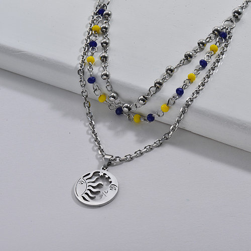 316L Stainless Steel Round Pendant Colorful Beads Layered Necklace For Women