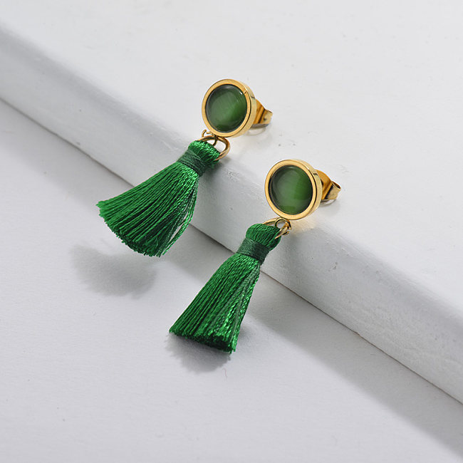 Gold Tassel Earrings Green Tassel with Emerald