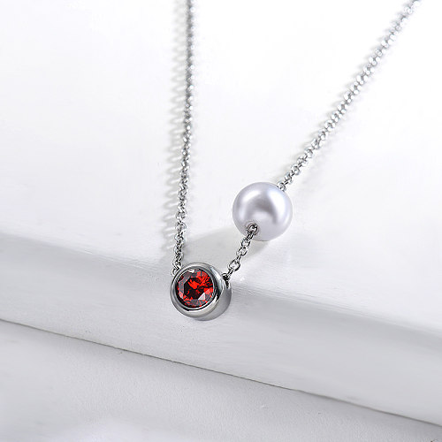 Zierliche Perle Mit Rotem Zirkon Charm Silber Halskette Für Freundin