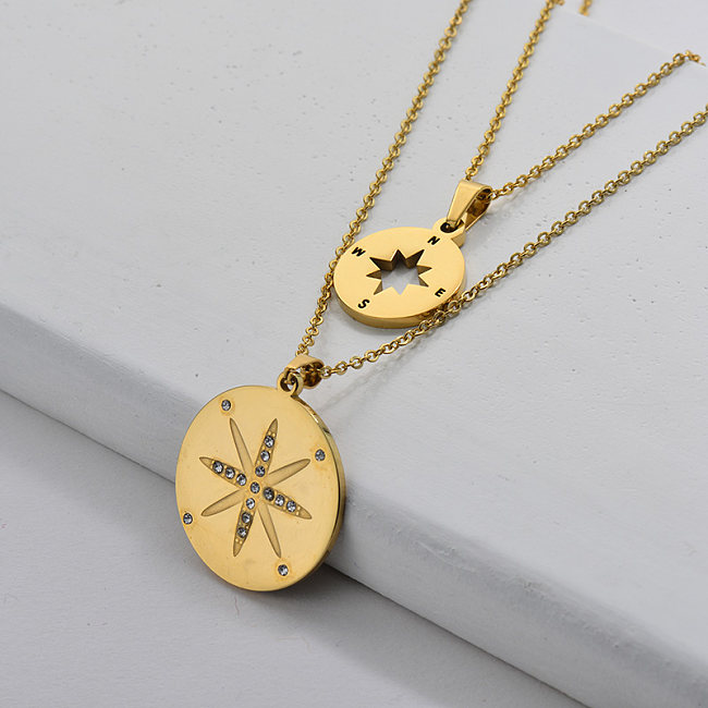 Wholesale Gold Compass With Crystal Pendant Double Chains Necklace