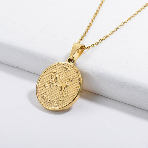 Wholesale Golden Constellation Aries Lucky Round Pendant Zodiac Necklace