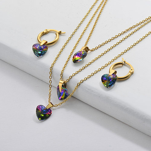 Wholesale Stainless Steel Gold Plated Multi Layer Heart Necklace Earrings Set