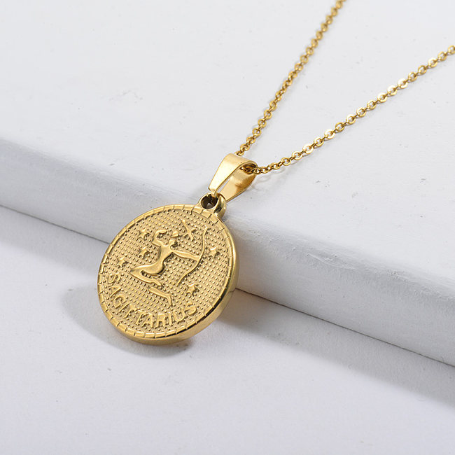 Collier de zodiaque pendentif rond chanceux de constellation d'or du Sagittaire pour les femmes