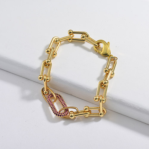 Popular pulseira em forma de U, pendente de cobre oval de zircão vermelho