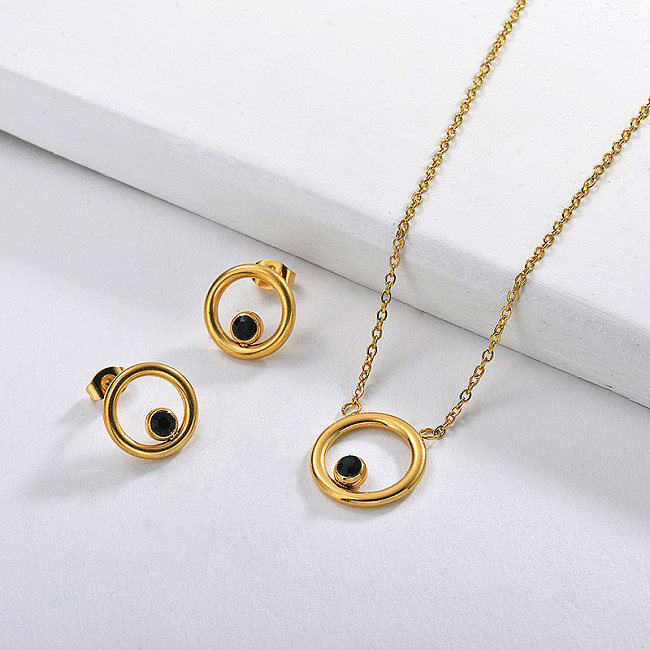 Stainless Steel Gold Plated Dark Zircon Crystal Ring Necklace Earring Set