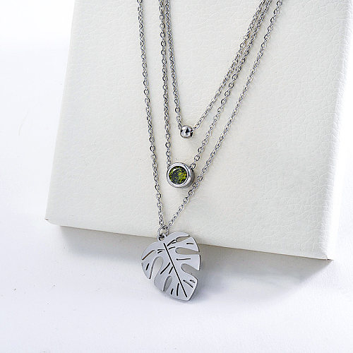 Silver Stainless Steel Monstera Charm Layered Necklace For Women