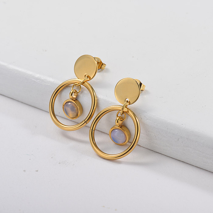 Gold Plating Dangle Earrings with Gold Hoop & Opal