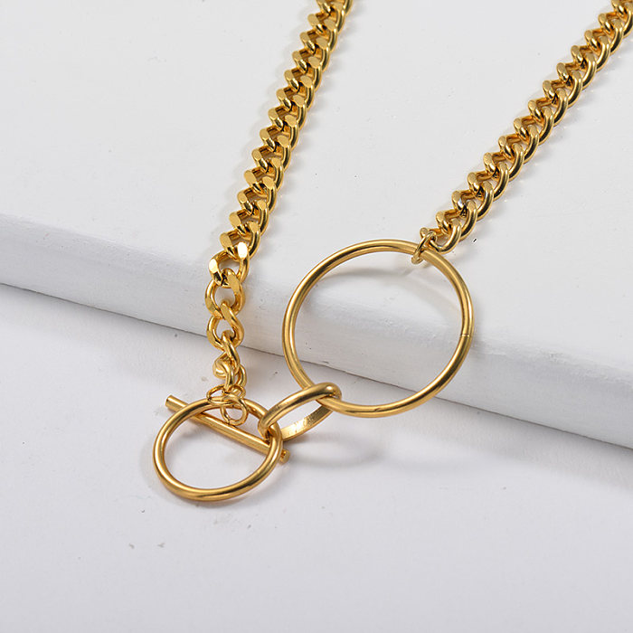 Fashion Pure Metal Circle Round Pendant Curb Link Chain Necklace
