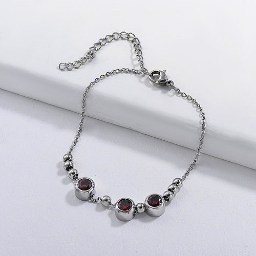 Stainless steel ball bracelet see red zircon pendant
