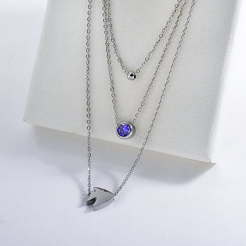 Charme de poisson en argent de mode avec collier de chaînes en couches de zircon violet pour les femmes