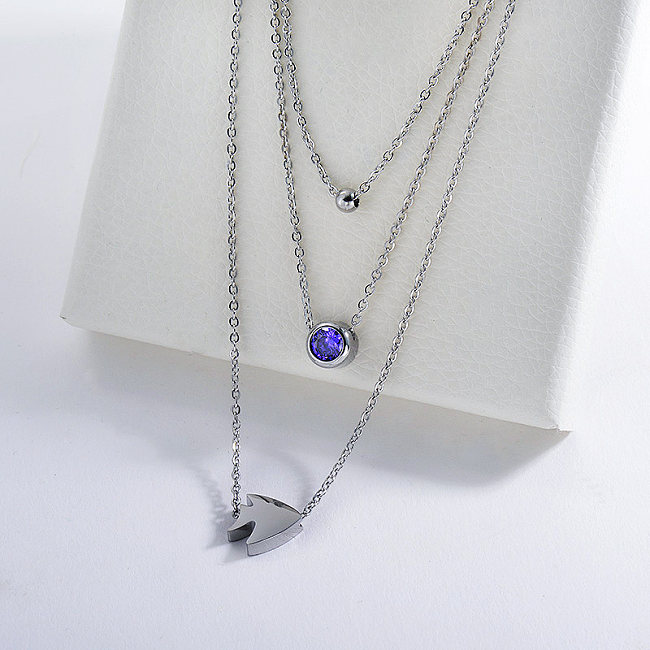 Fashion Silver Fish Charm With Purple Zircon Layered Chains Necklace For Women