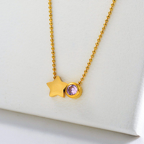 14K Gold Star Charm With Zircon Beaded Necklace For Women