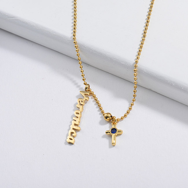 Fashion Gold Copper Cross Charm Name Beaded Chain Necklace