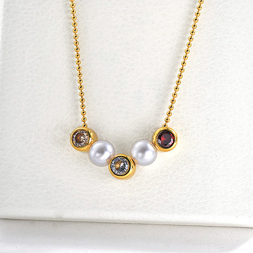 Elegant Pearl With Clear Red Zircon Charm Gold Women Necklace