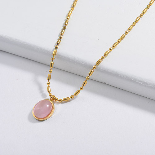 Natural Pink Stone Pendant Ball Chain Necklace