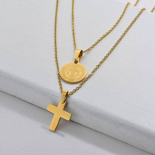 Collar de capa con colgante de santo de cruz de oro religioso para mujer