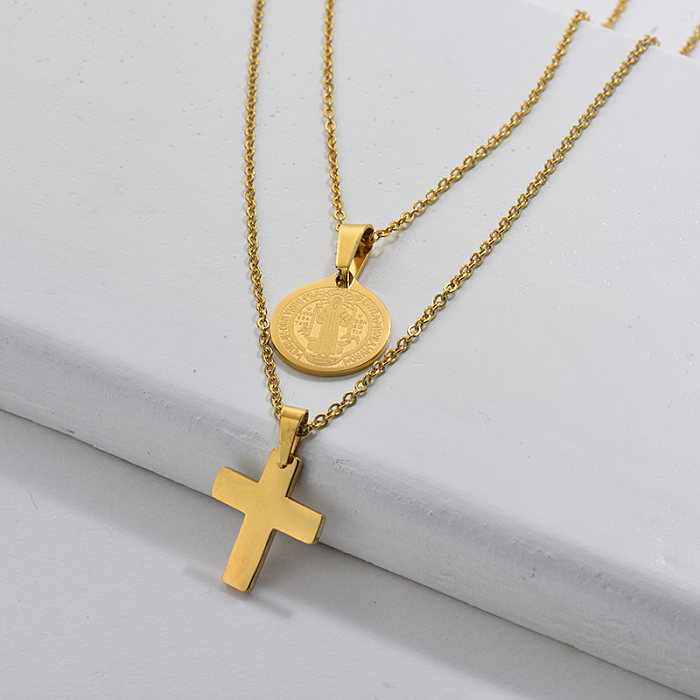 Religious Gold Cross Saint Pendant Layer Necklace For Women
