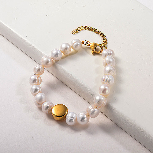 Genuine Pearl&Gold Plated Round bead Beaded Bracelet