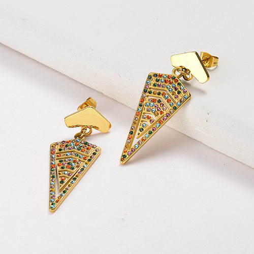 Pendientes colgantes triangulares de acero inoxidable con joyas chapadas en oro