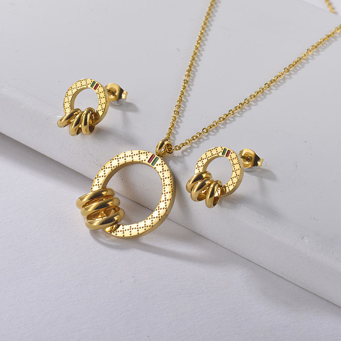 Fashion Stainless Steel Gold Plated Famous Brand Necklace Earrings Set
