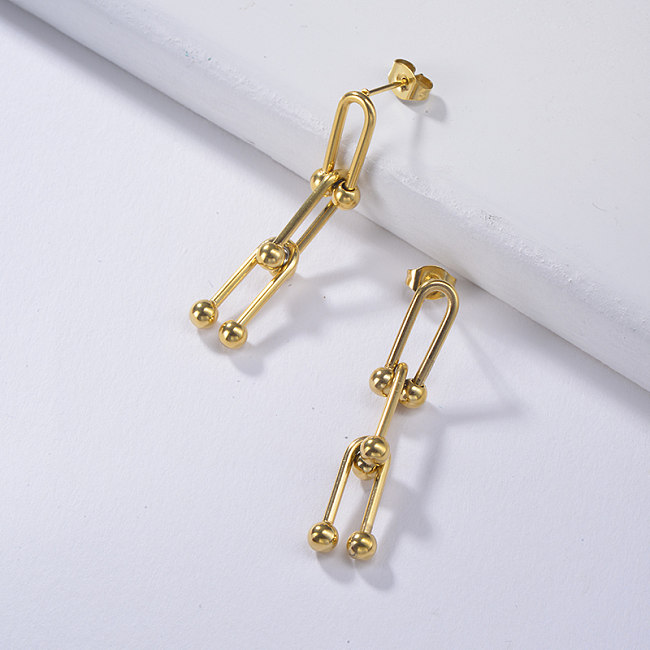 Pendientes de cadena en T de acero inoxidable con diseño de cadena de joyería chapada en oro