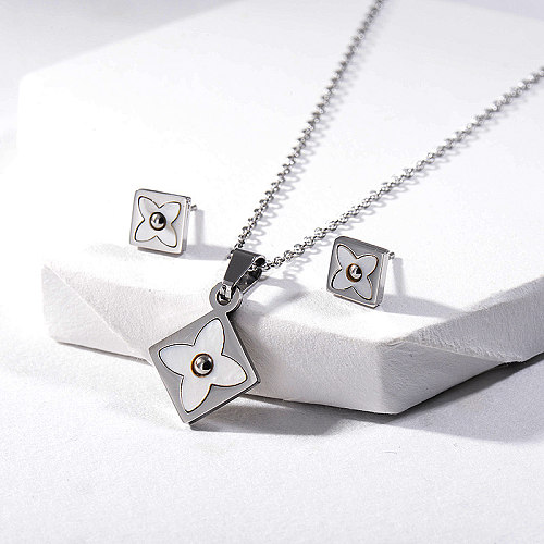 Stainless Steel Silver White Flower Necklace Earrings Sets