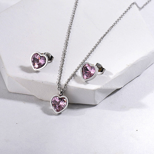 Conjunto de joyas antiguas de cristal de corazón de acero inoxidable de moda