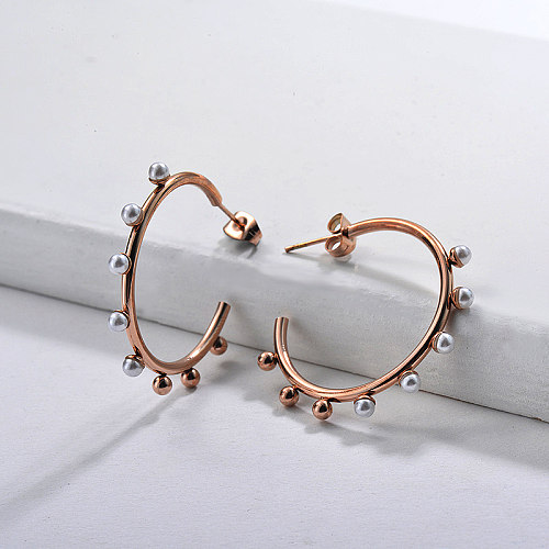 Pearl Hoop Earrings in Stainless Steel -SSEGG143-9111