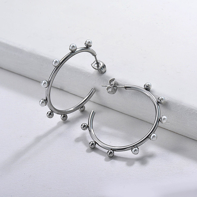 Pearl Hoop Earrings in Stainless Steel -SSEGG143-9113