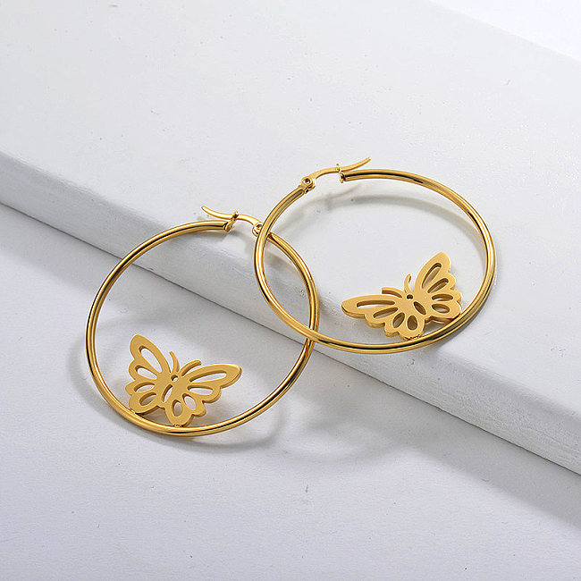Gold Plated Jewelry personality Design Stainless Steel Butterfly Hoop Earrings 33mm