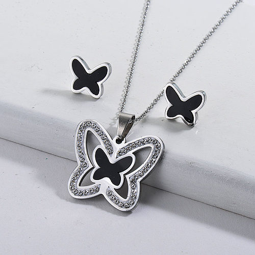 Stainless Steel Silver Butterfly Black Jewelry Sets