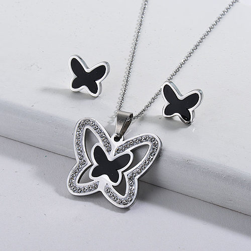 Ensembles de bijoux noirs papillon argent en acier inoxydable