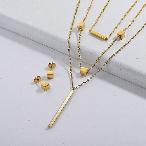 Conjuntos de pendientes de collar geométrico chapado en oro de acero inoxidable