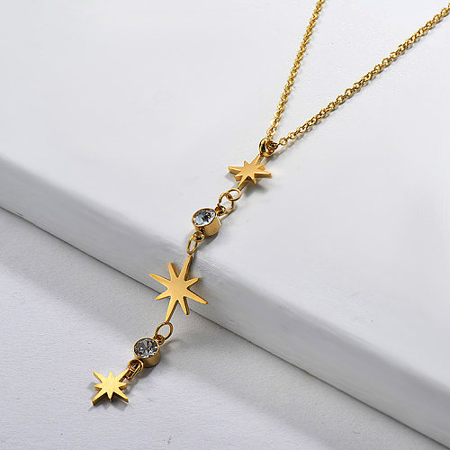 Elegante colgante de estrella chapado en oro con collar de cristal en forma de Y