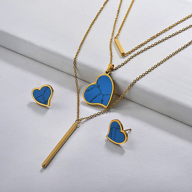 Conjuntos de joyas de collar de corazón en capas de oro azul turquesa
