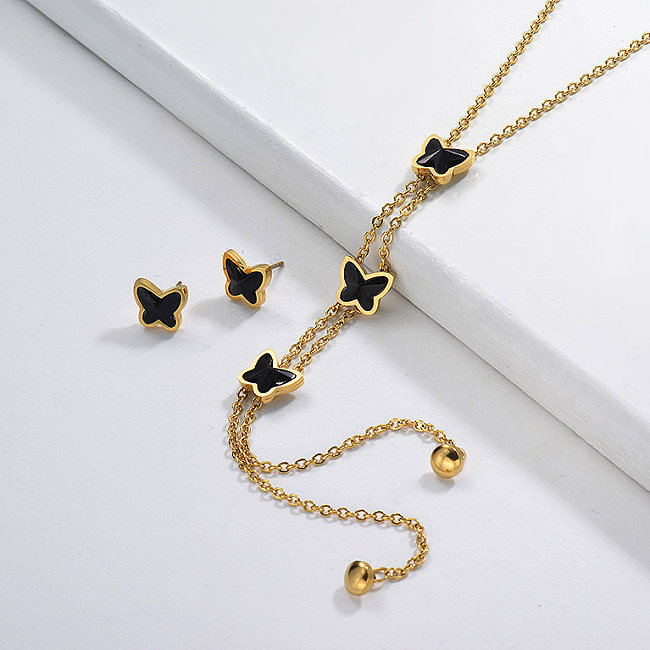 Conjuntos de collar de mariposa en forma de Y de ónix negro