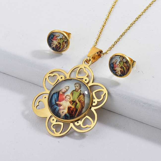 Stainless Steel Gold Plated Religion Family Necklace Earrings Set