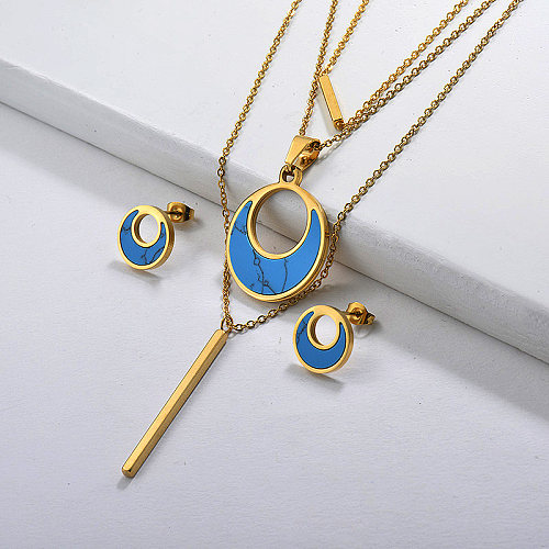 Blue Turquoise Gold Layered Necklace Jewelry Sets
