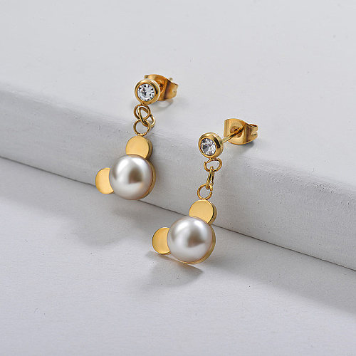 Gold Plated Jewelry personality Design Stainless Steel Micky Pearl Dangle Earrings