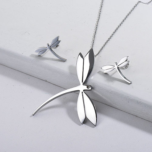 Conjunto de brincos de pescoço de libélula prata de aço inoxidável moda