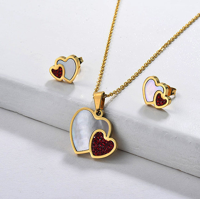 Red Crystal with Mother Pearl Heart Jewelry Sets