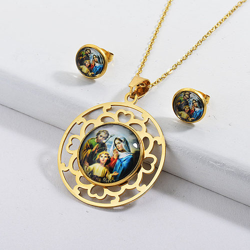 Ensemble de bijoux de collier de religion de famille plaqué or en acier inoxydable